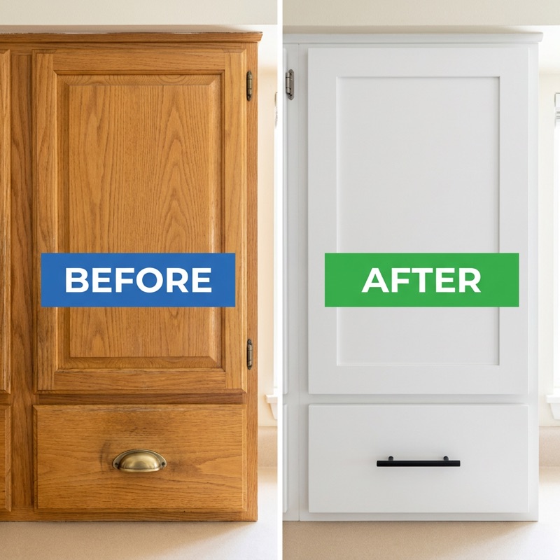 Cabinet refacing before and after — close-up