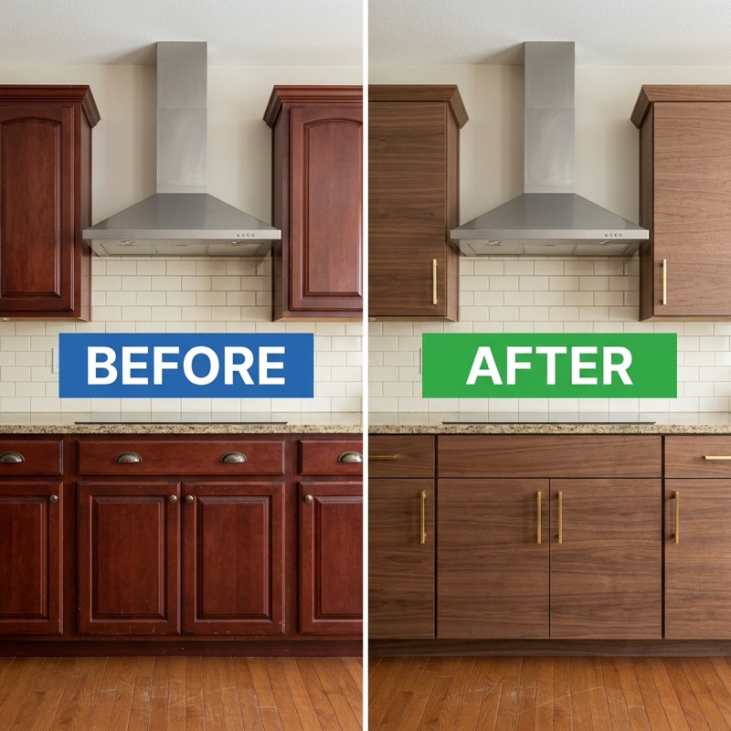 Cabinet refacing before and after — full kitchen wall