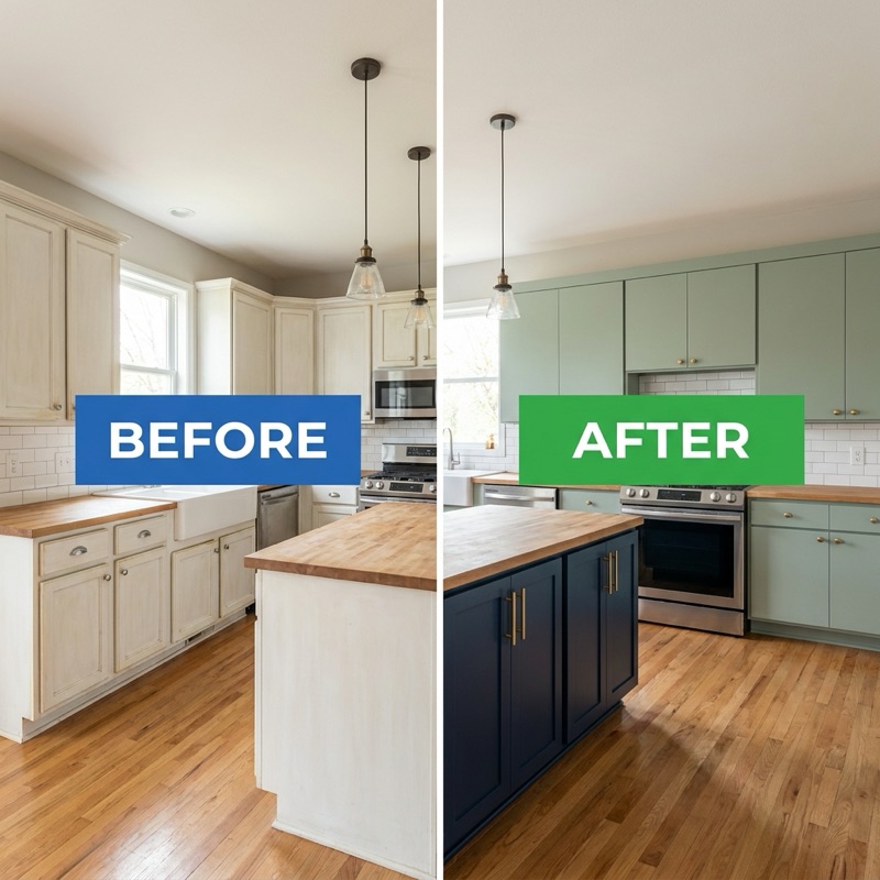 Cabinet refacing before and after — wide kitchen